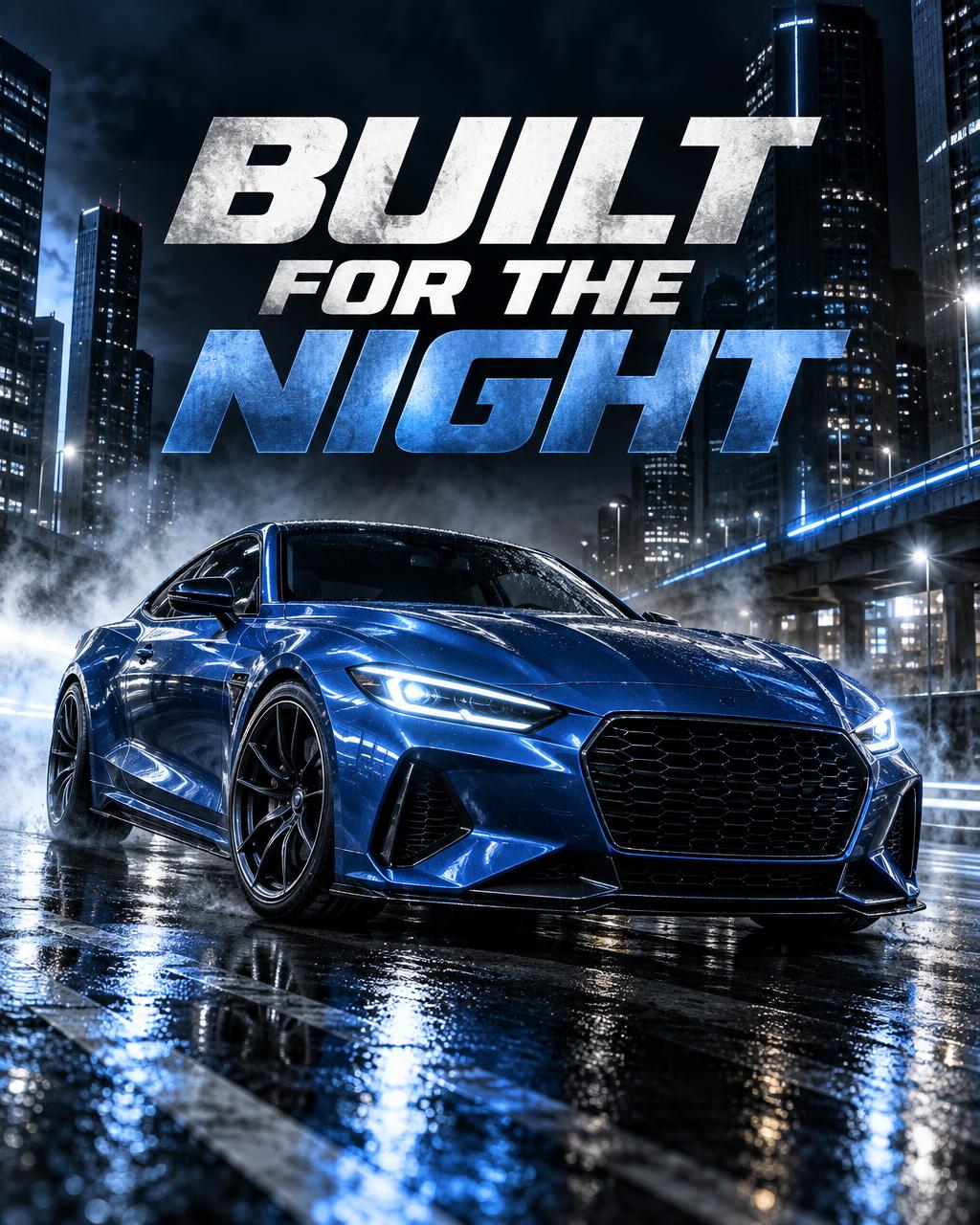 Cinematic blue performance car event flyer generated from an AI prompt